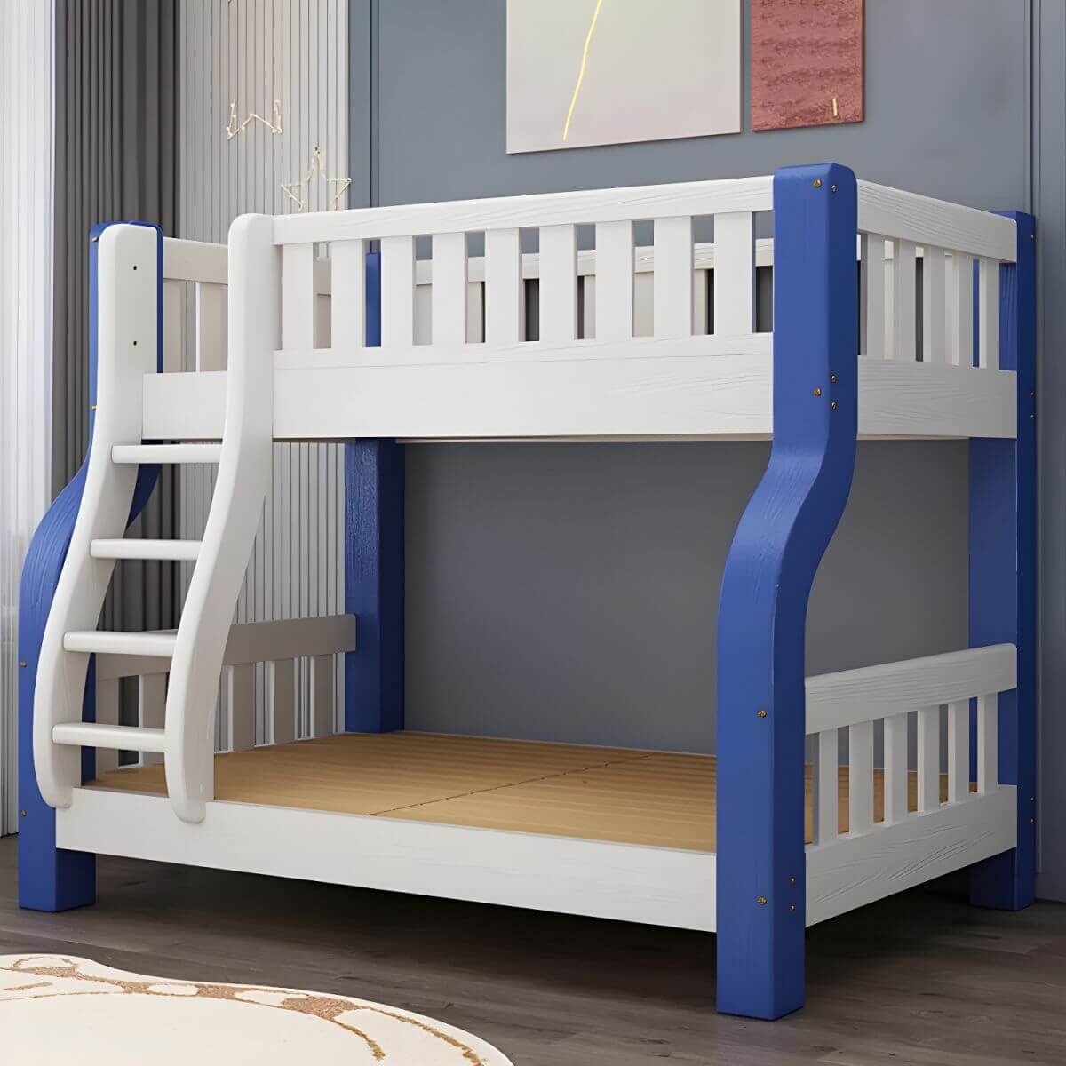 Scandinavian Blue Kids Bunk Bed - Pine Wood, Safe & Stylish メイン画像