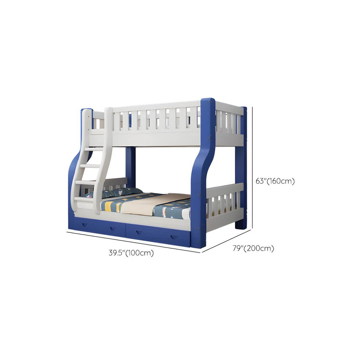 Scandinavian Blue Kids Bunk Bed - Pine Wood, Safe & Stylish Dimensions