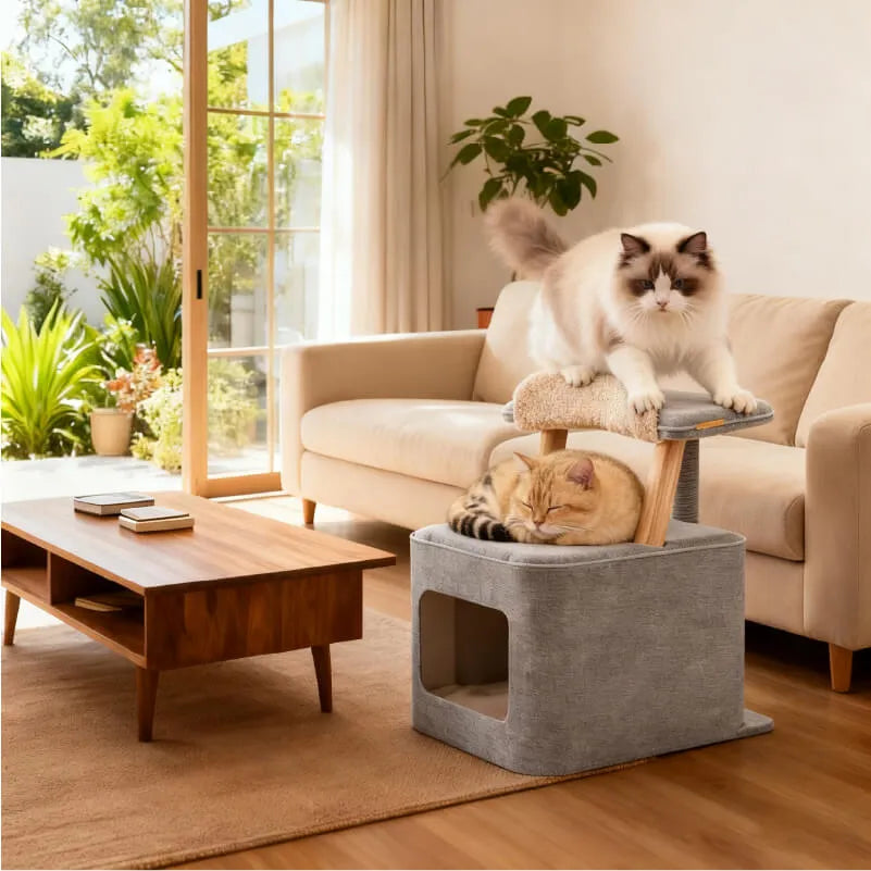 Scandinavian Cat Cave Lounge Chair With Scratcher and Wood Frame