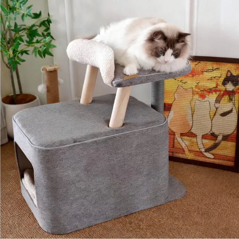 Scandinavian Cat Cave Lounge Chair With Scratcher and Wood Frame