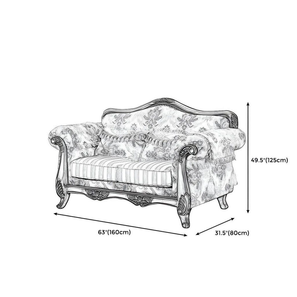 Scandinavian Cotton Blend Curved Sofa with Rolled Arms and Camelback Design Dimensions