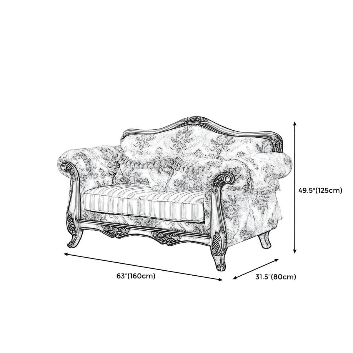 Scandinavian Cotton Blend Curved Sofa with Rolled Arms and Camelback Design Dimensions