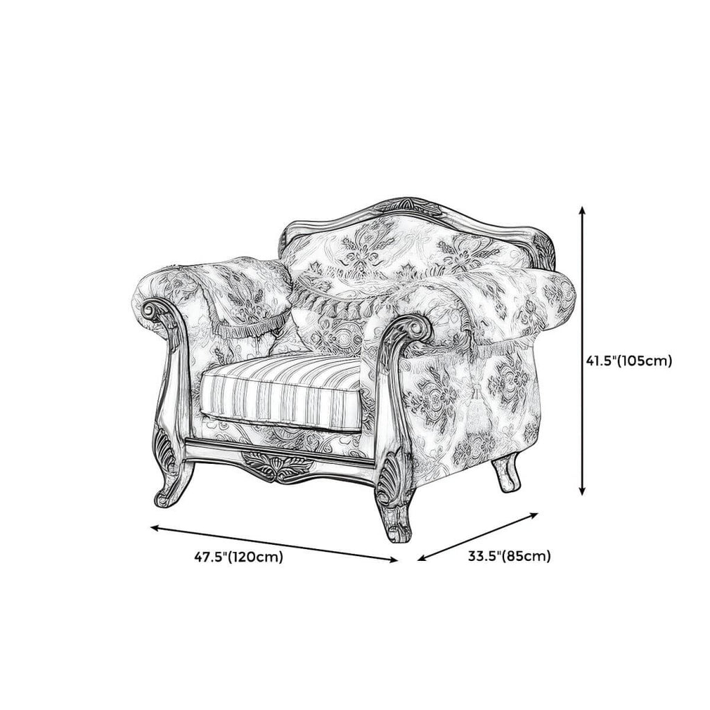 Scandinavian Cotton Blend Curved Sofa with Rolled Arms and Camelback Design Dimensions