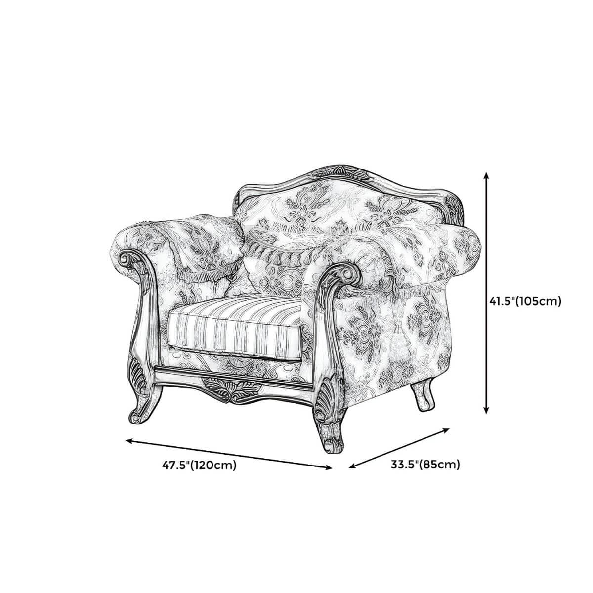 Scandinavian Cotton Blend Curved Sofa with Rolled Arms and Camelback Design Dimensions