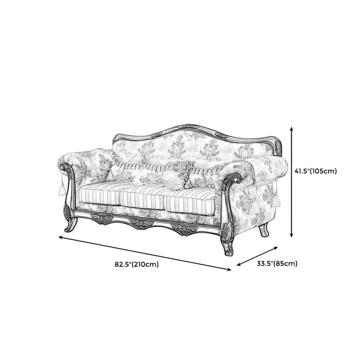 Scandinavian Cotton Blend Curved Sofa with Rolled Arms and Camelback Design Dimensions