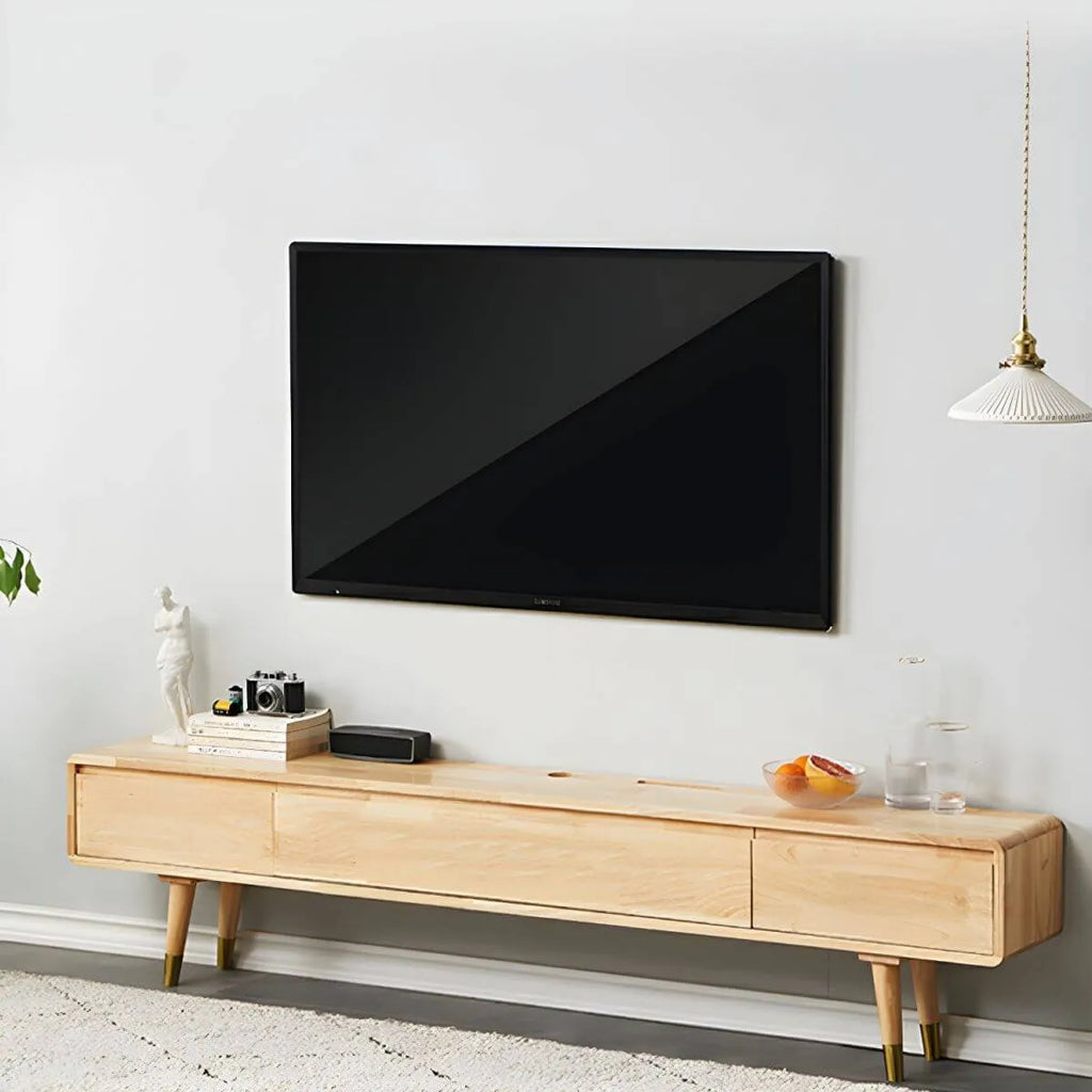 Scandinavian Low-Profile Wood TV Stand with Drawers and Cabinet