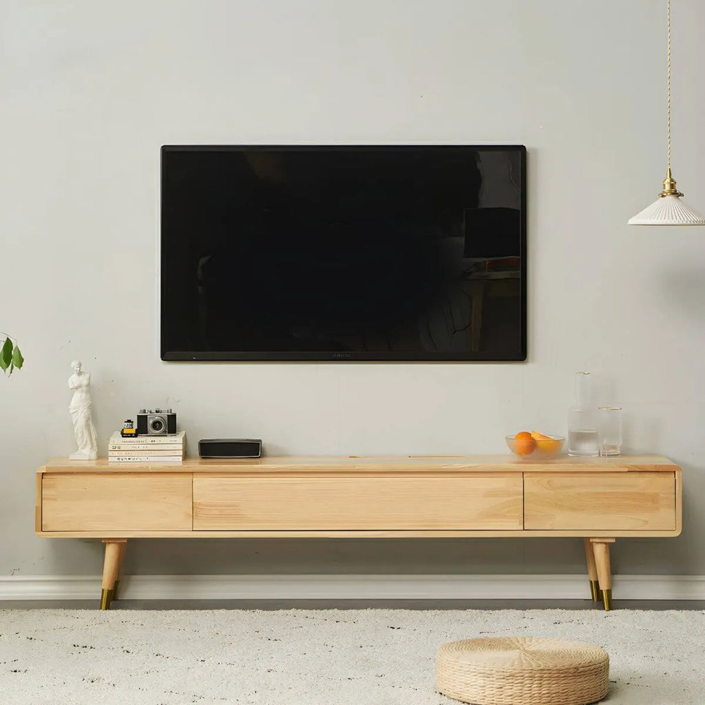 Scandinavian Low-Profile Wood TV Stand with Drawers and Cabinet
