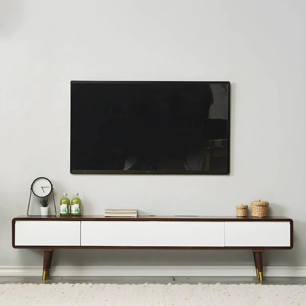 Scandinavian Low-Profile Wood TV Stand with Drawers and Cabinet