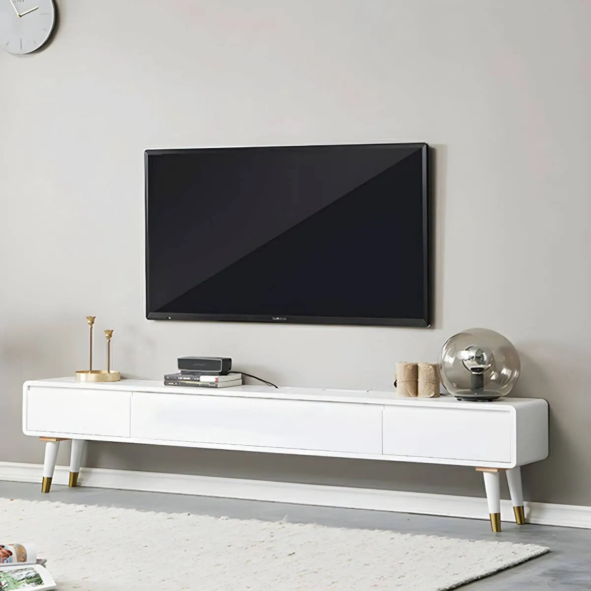 Scandinavian Low-Profile Wood TV Stand with Drawers and Cabinet