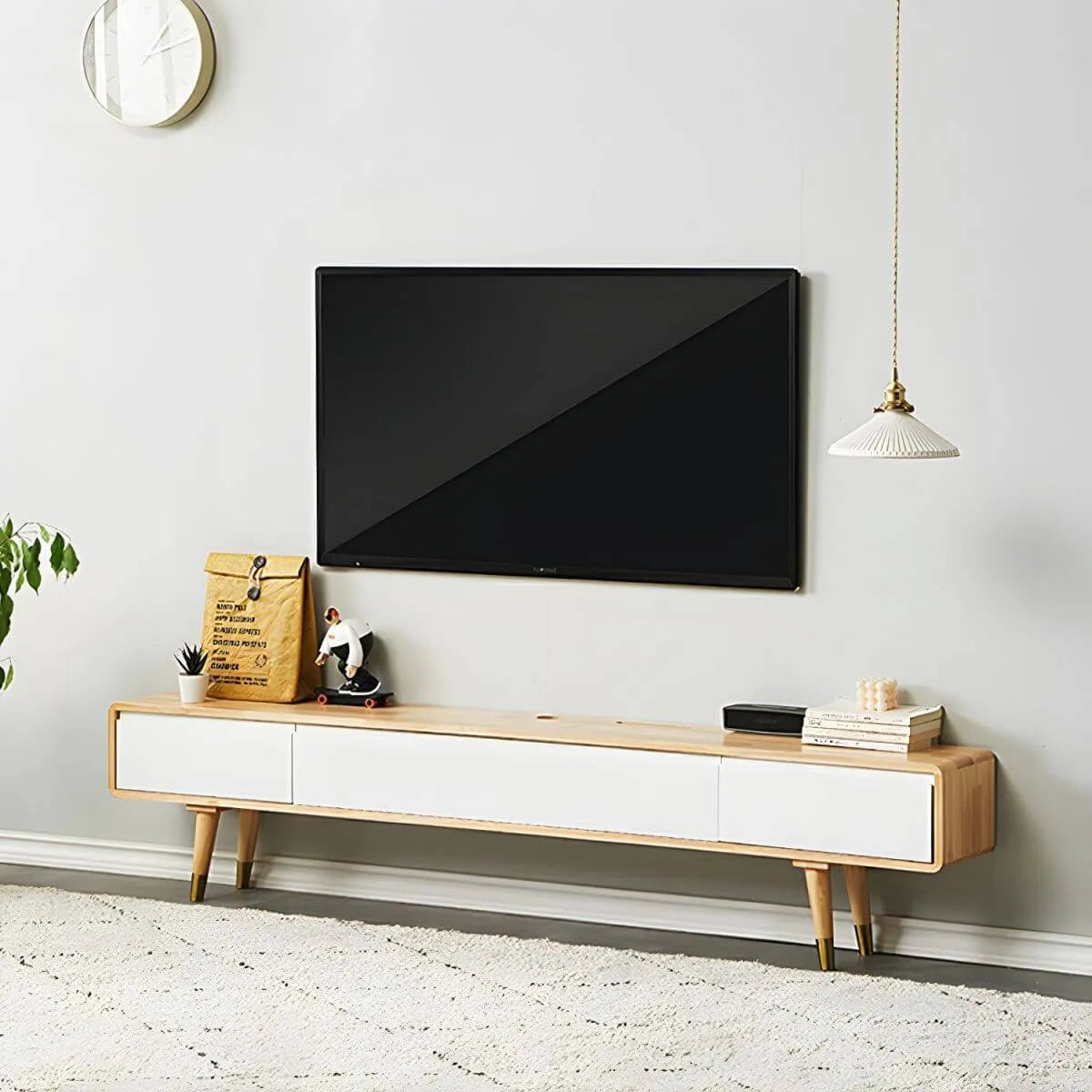 Scandinavian Low-Profile Wood TV Stand with Drawers and Cabinet