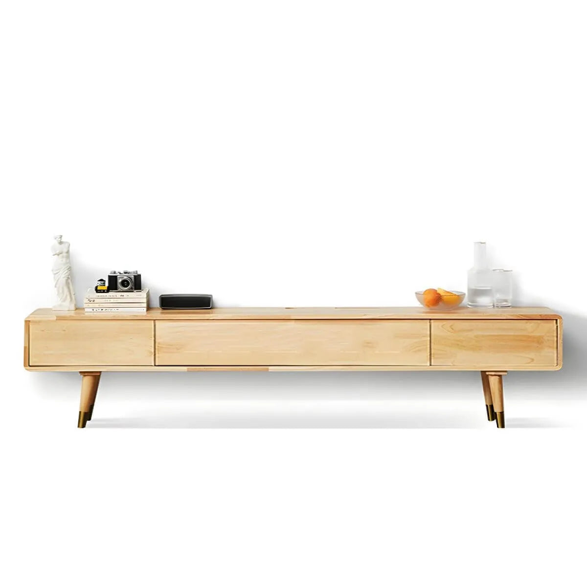 Scandinavian Low-Profile Wood TV Stand with Drawers and Cabinet