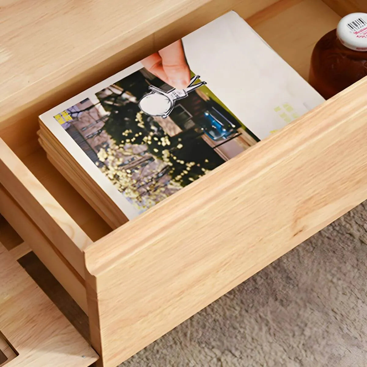 Scandinavian Low-Profile Wood TV Stand with Drawers and Cabinet
