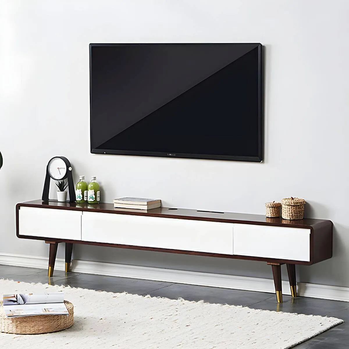 Scandinavian Low-Profile Wood TV Stand with Drawers and Cabinet