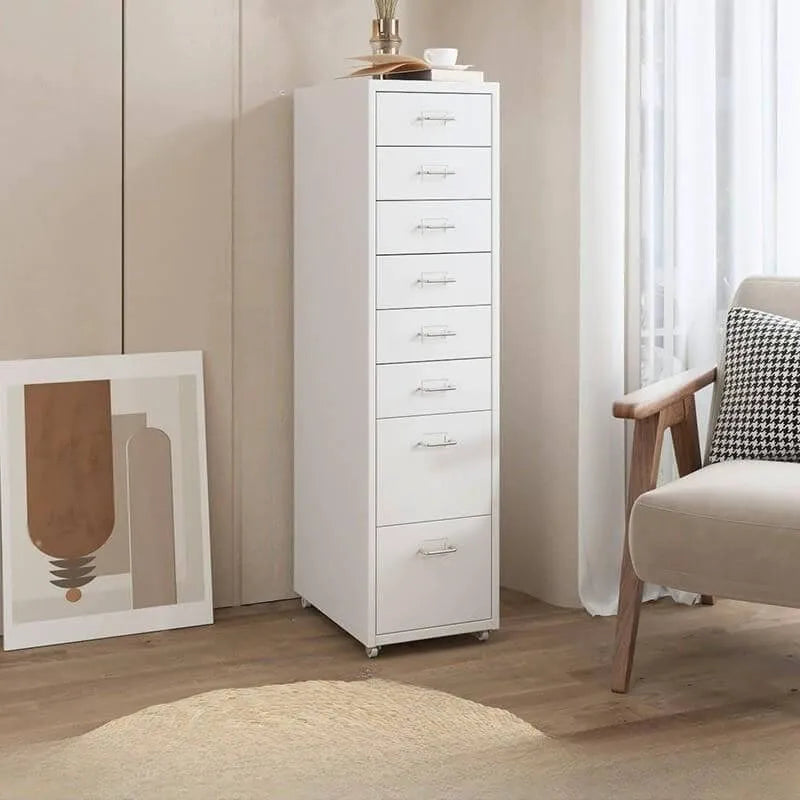 Scandinavian Metal Filing Cabinet With Drawers and Rolling Storage
