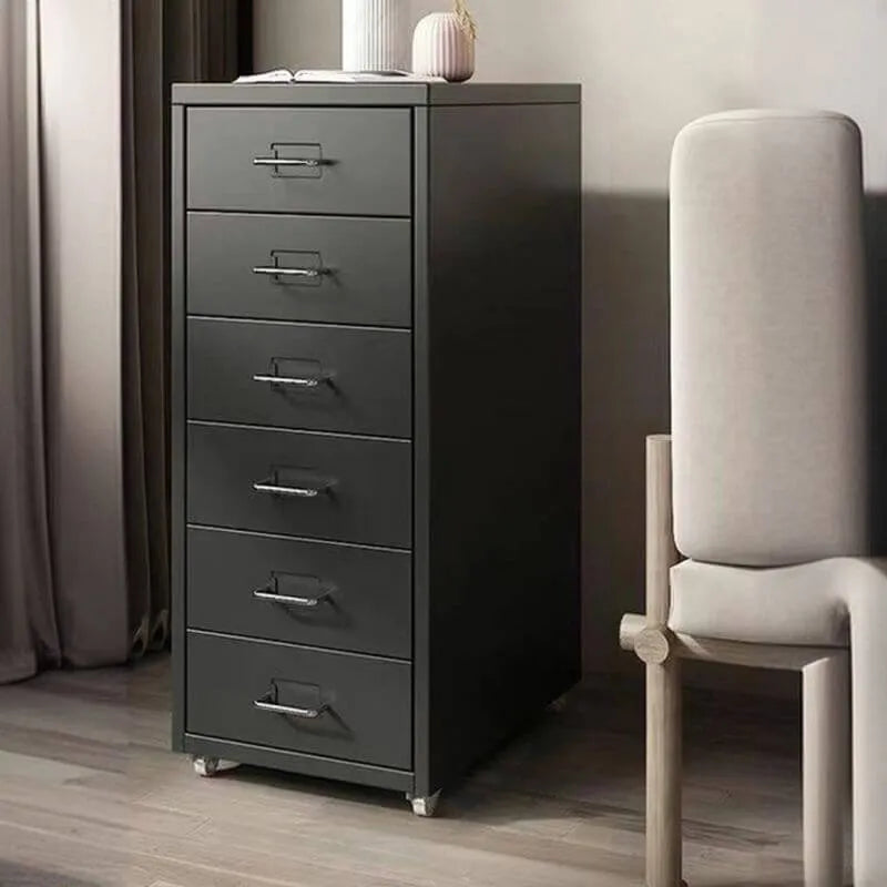 Scandinavian Metal Filing Cabinet With Drawers and Rolling Storage
