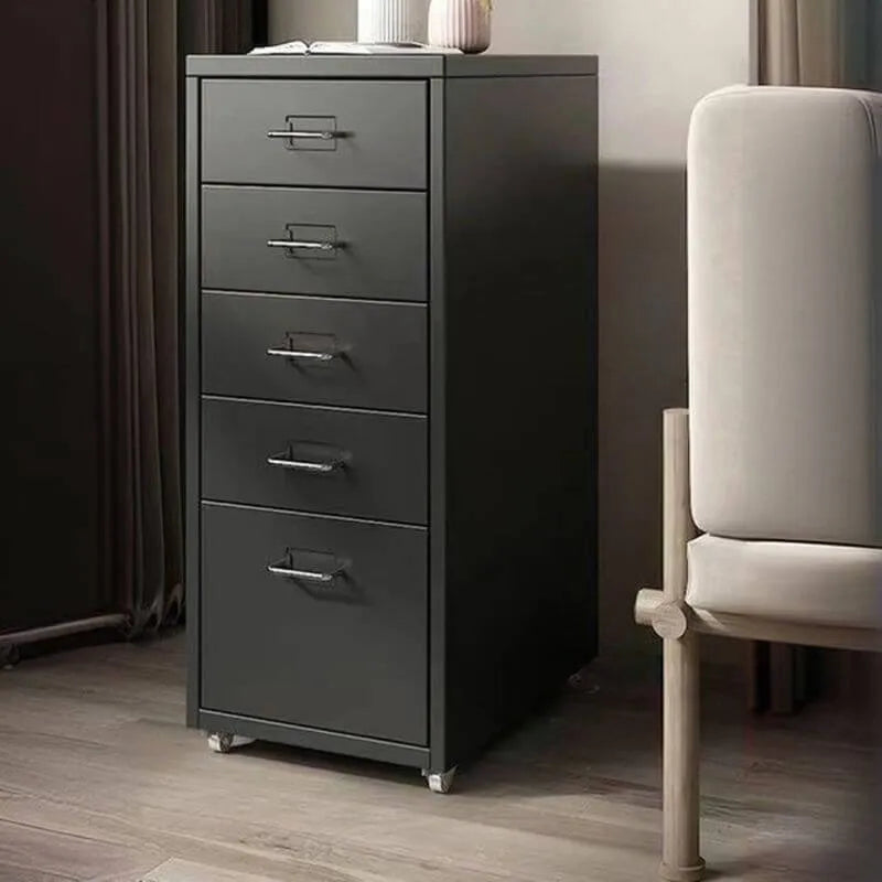 Scandinavian Metal Filing Cabinet With Drawers and Rolling Storage