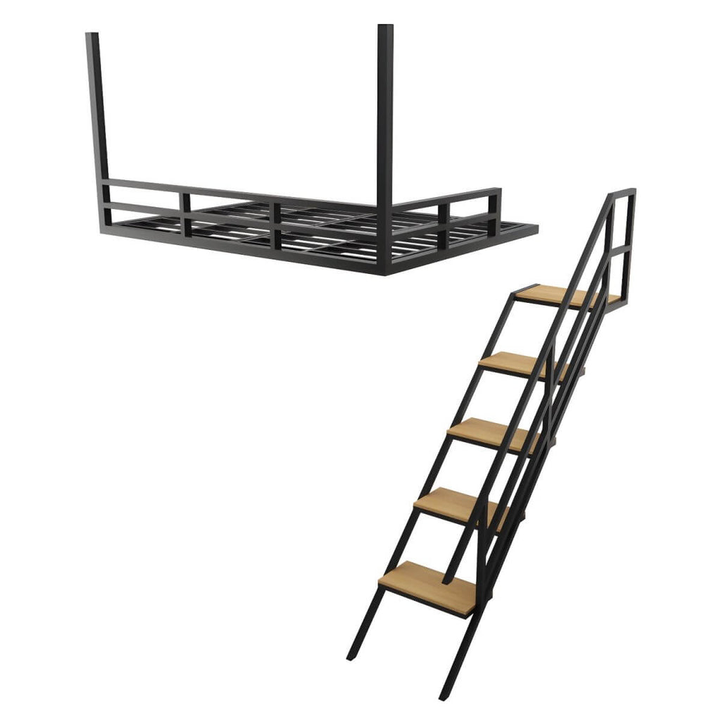 Scandinavian Metal Loft Bed with Built-In Ladder and Guardrail