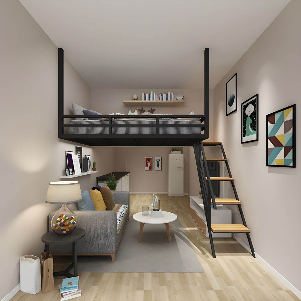 Scandinavian Metal Loft Bed with Built-In Ladder and Guardrail サブ画像