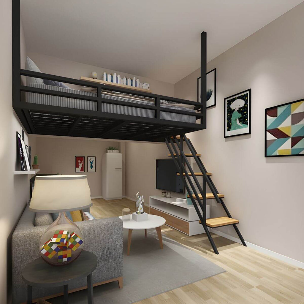 Scandinavian Metal Loft Bed with Built-In Ladder and Guardrail
