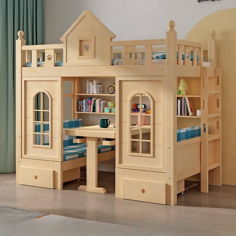 Scandinavian Pine Bunk Bed with Bookshelf, Desk, and Ladder Storage メイン画像