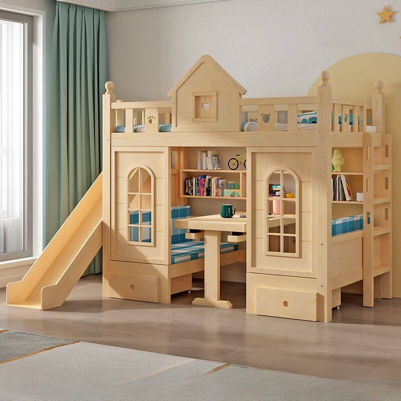 Scandinavian Pine Bunk Bed with Bookshelf, Desk, and Ladder Storage