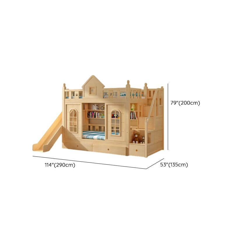 Scandinavian Pine Bunk Bed with Bookshelf, Desk, and Ladder Storage Dimensions