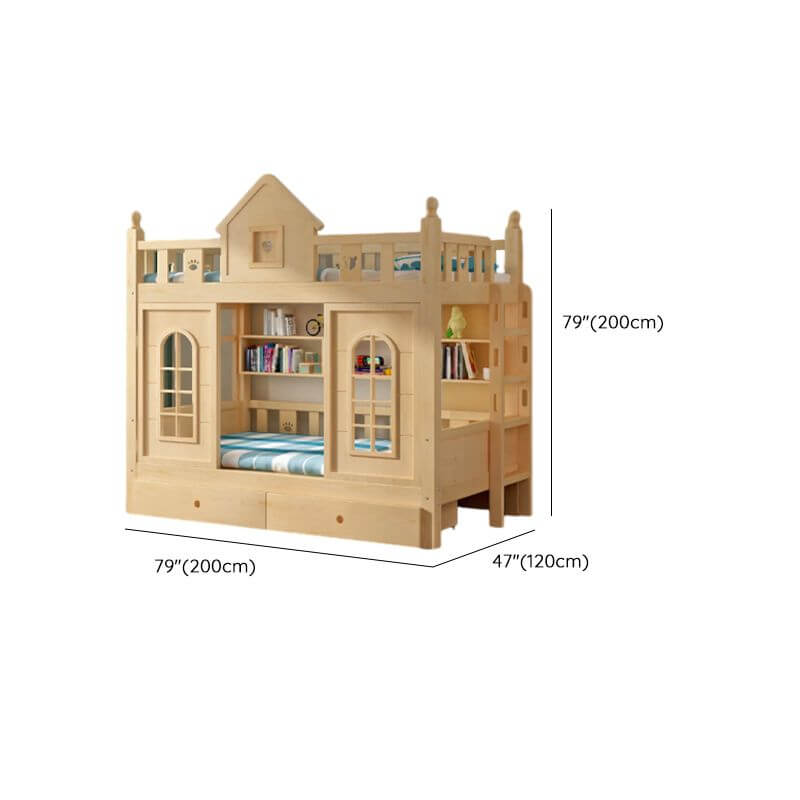 Scandinavian Pine Bunk Bed with Bookshelf, Desk, and Ladder Storage Dimensions