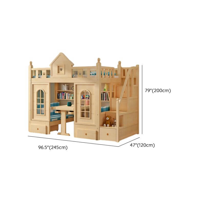 Scandinavian Pine Bunk Bed with Bookshelf, Desk, and Ladder Storage Dimensions