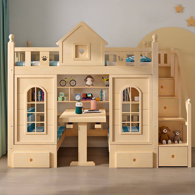 Scandinavian Pine Bunk Bed with Bookshelf, Desk, and Ladder Storage Main Product Image Main image