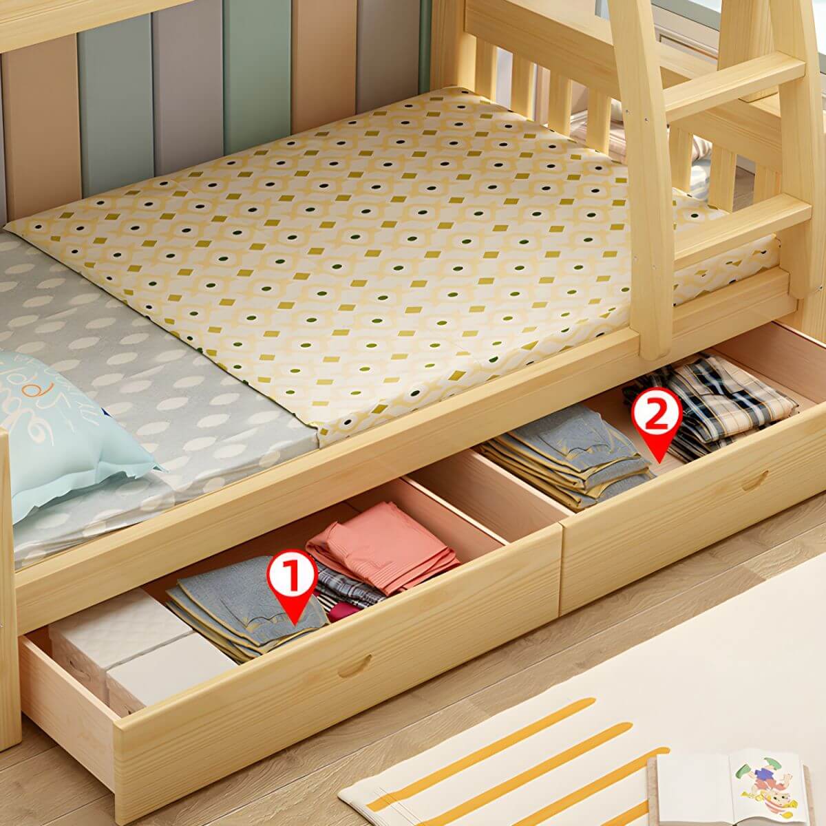 Scandinavian Pine Kids Bunk Bed with Bookcase and Mattress