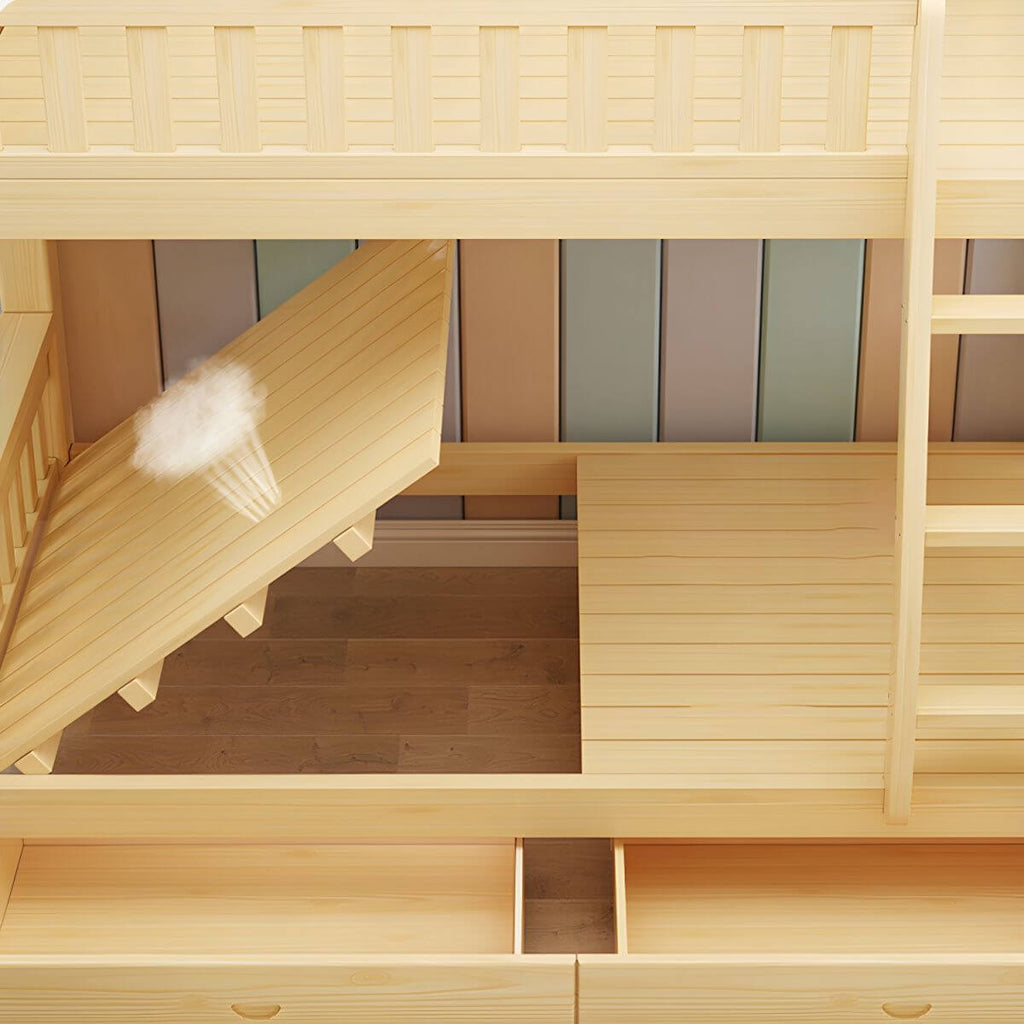 Scandinavian Pine Kids Bunk Bed with Bookcase and Mattress