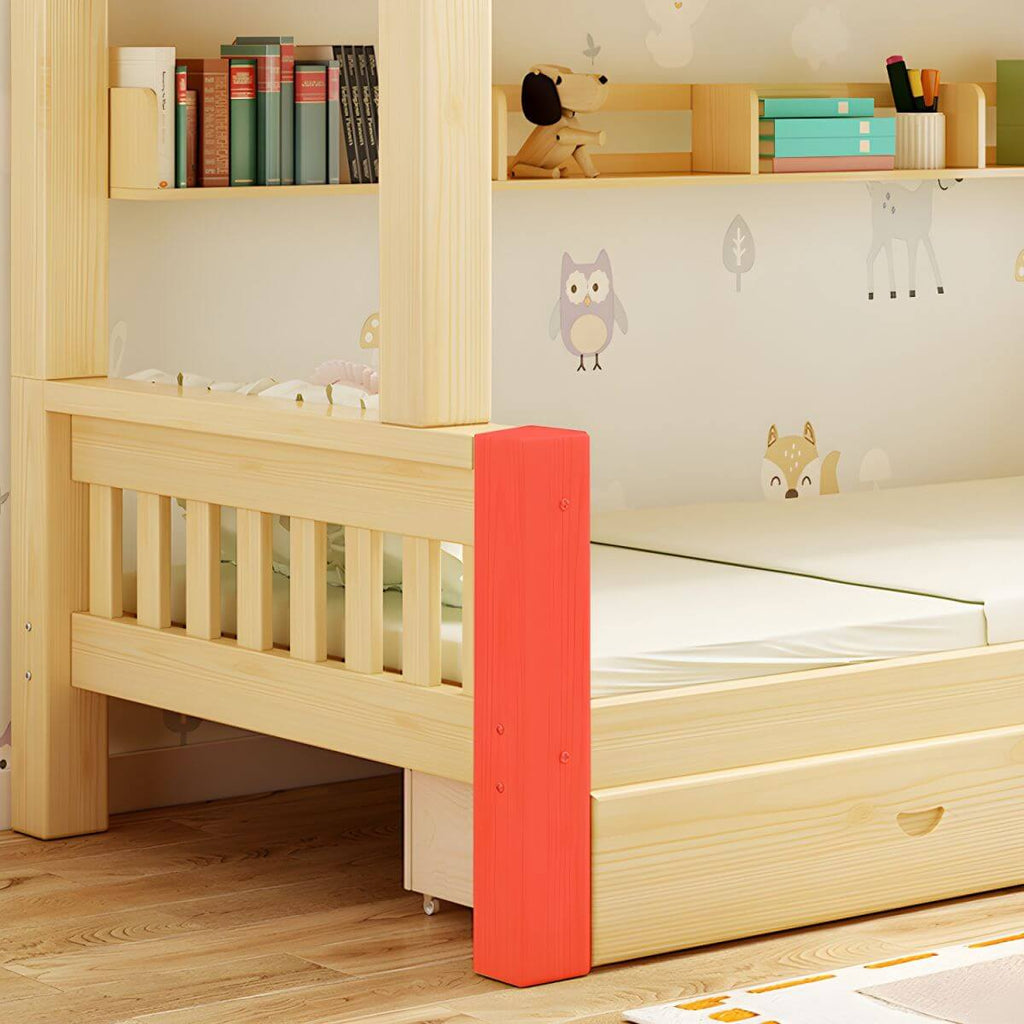 Scandinavian Pine Kids Bunk Bed with Bookcase and Mattress