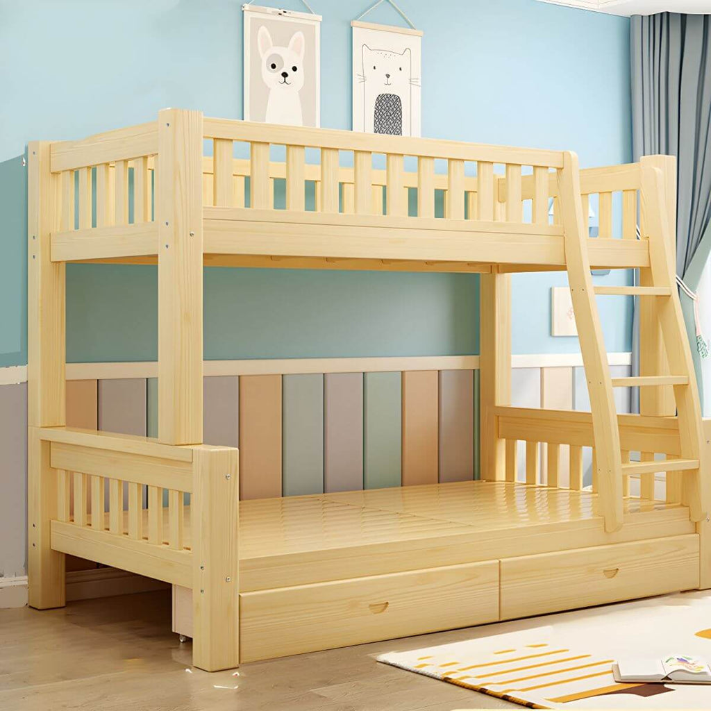 Scandinavian Pine Kids Bunk Bed with Bookcase and Mattress
