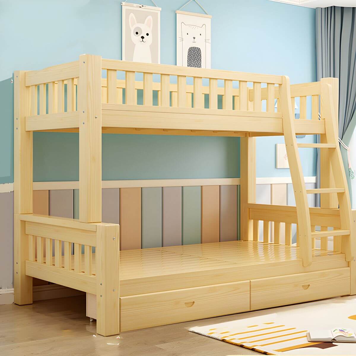 Scandinavian Pine Kids Bunk Bed with Bookcase and Mattress