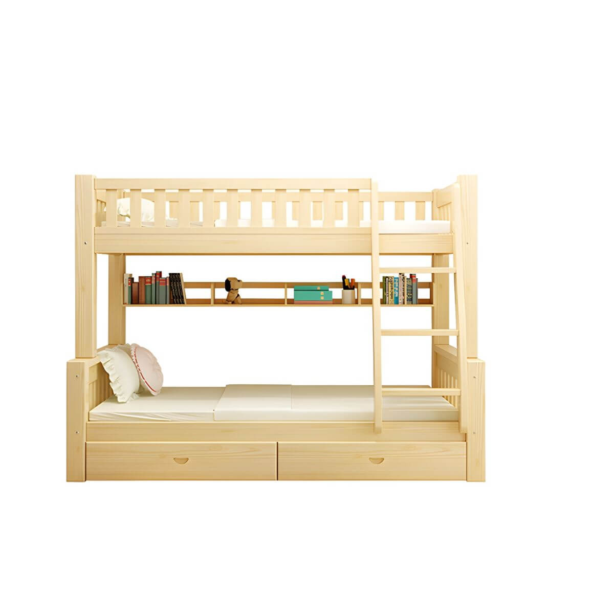 Scandinavian Pine Kids Bunk Bed with Bookcase and Mattress