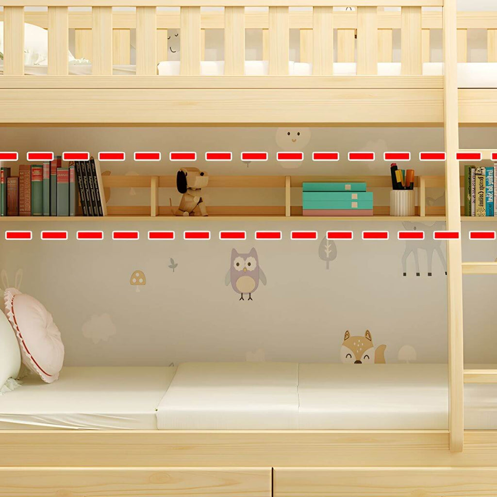Scandinavian Pine Kids Bunk Bed with Bookcase and Mattress