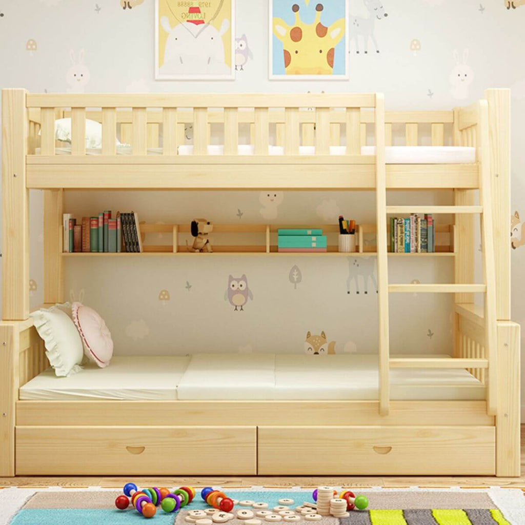 Scandinavian Pine Kids Bunk Bed with Bookcase and Mattress