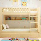 Scandinavian Pine Kids Bunk Bed with Bookcase and Mattress