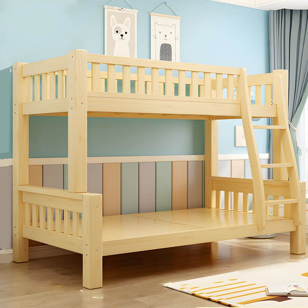 Scandinavian Pine Kids Bunk Bed with Bookcase and Mattress