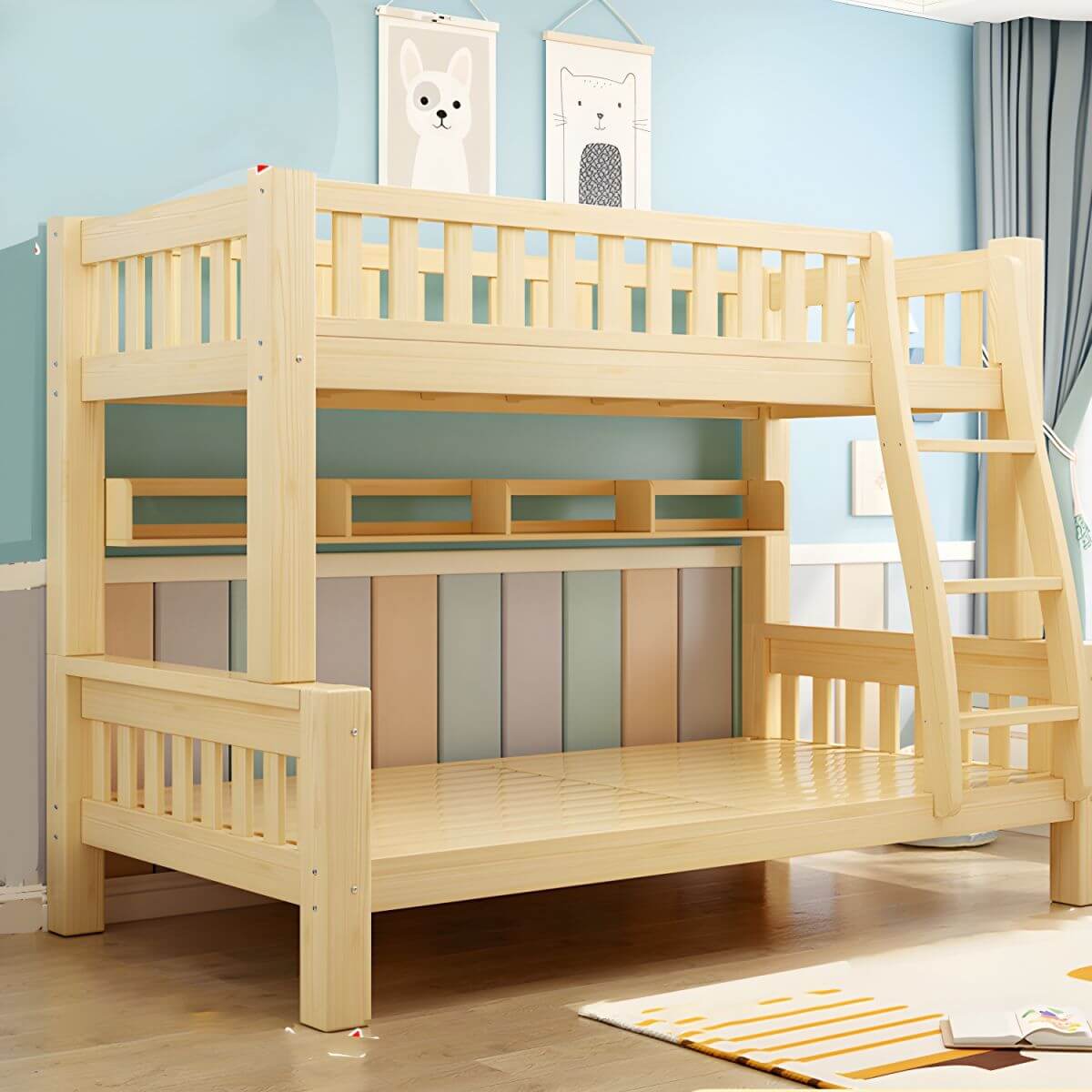 Scandinavian Pine Kids Bunk Bed with Bookcase and Mattress Main image