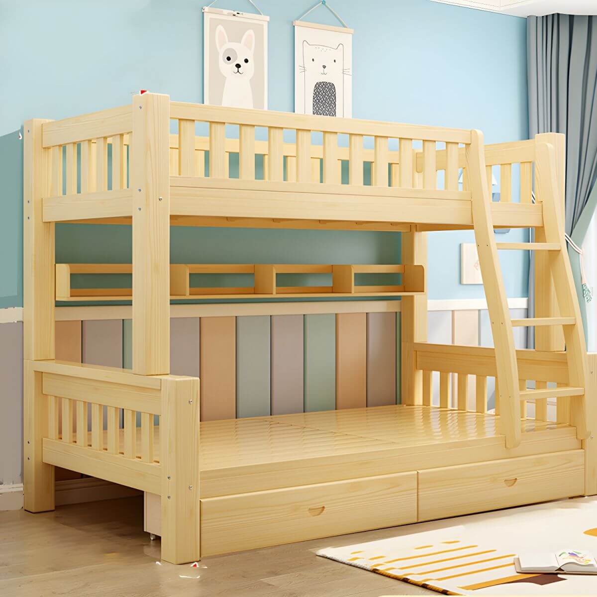 Scandinavian Pine Kids Bunk Bed with Bookcase and Mattress