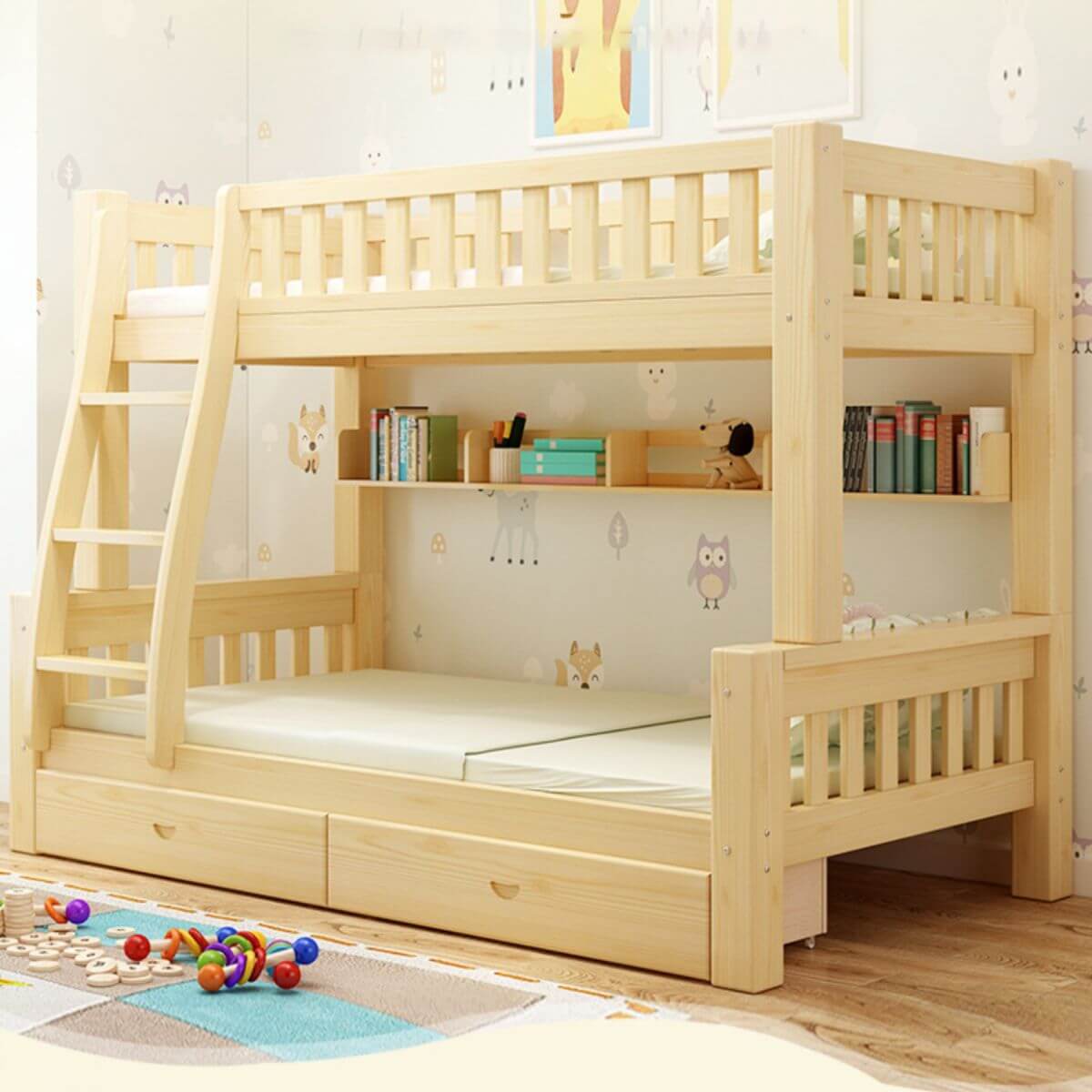 Scandinavian Pine Kids Bunk Bed with Bookcase and Mattress Secondary image