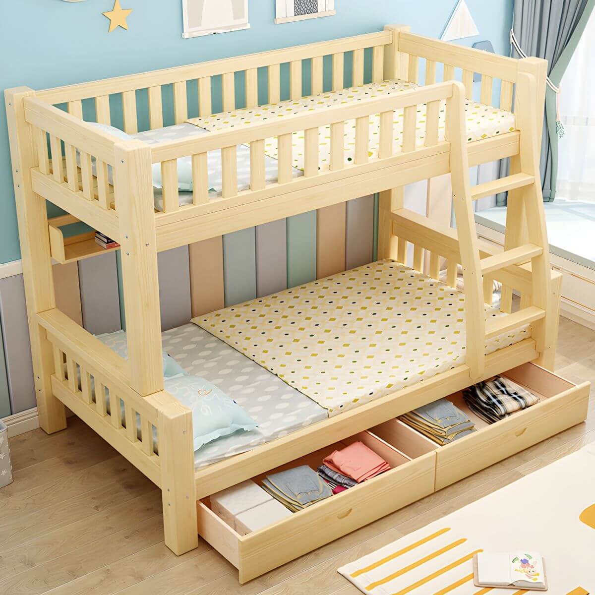 Scandinavian Pine Kids Bunk Bed with Bookcase and Mattress
