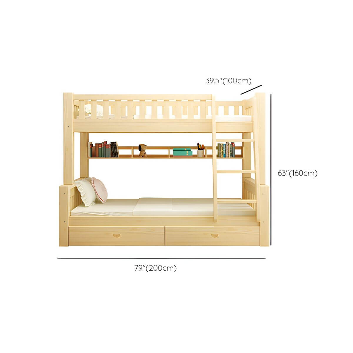 Scandinavian Pine Kids Bunk Bed with Bookcase and Mattress Dimensions