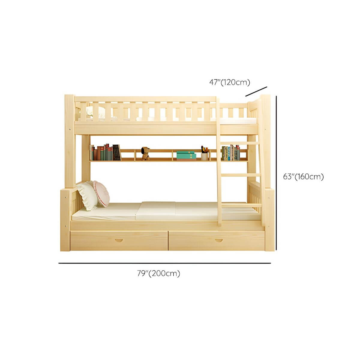 Scandinavian Pine Kids Bunk Bed with Bookcase and Mattress Dimensions
