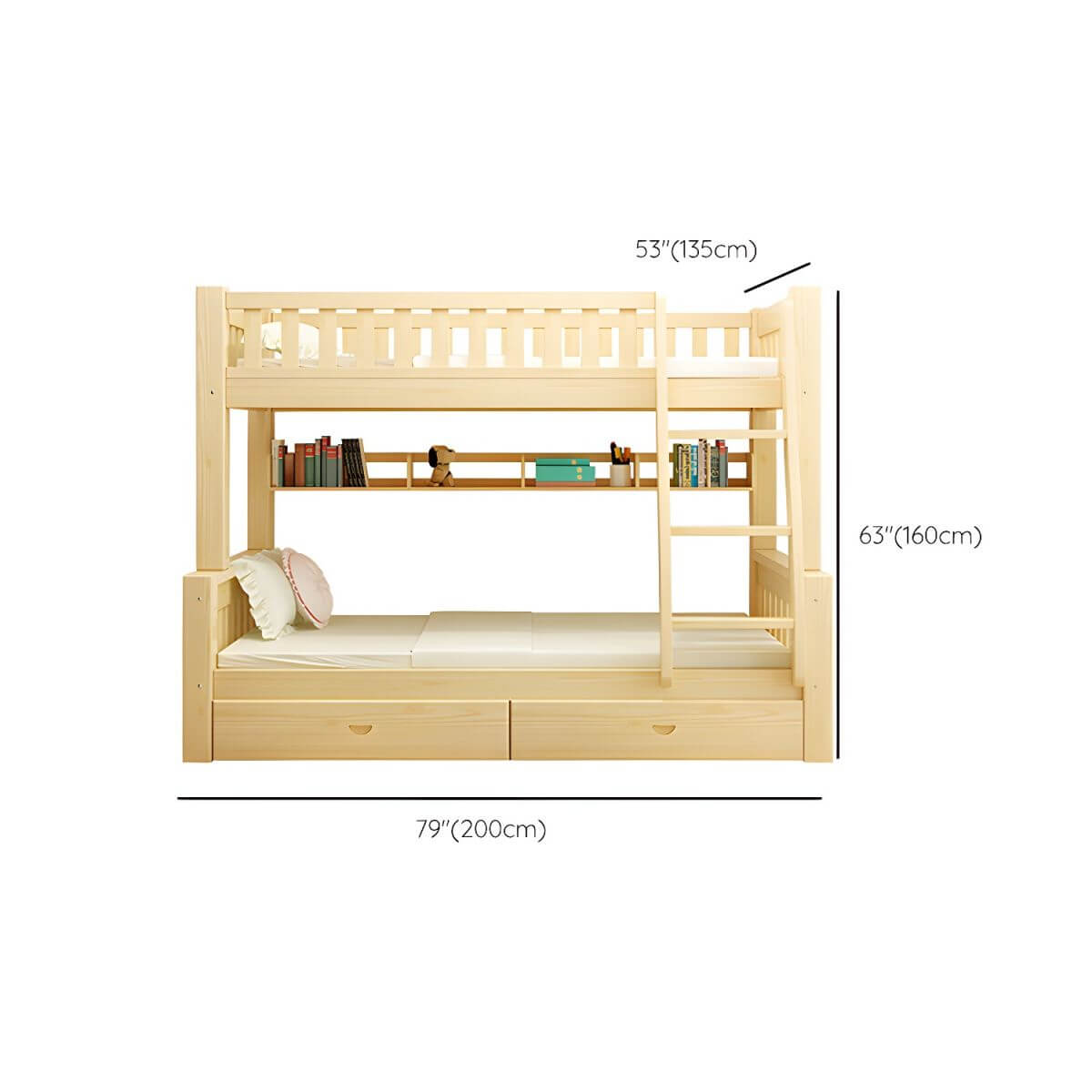 Scandinavian Pine Kids Bunk Bed with Bookcase and Mattress Dimensions