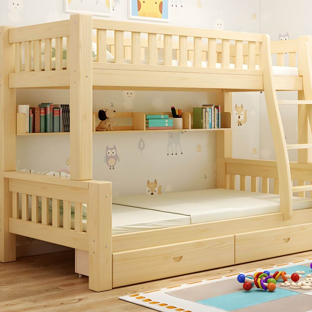 Scandinavian Pine Kids Bunk Bed with Bookcase and Mattress Main Product Image Main image