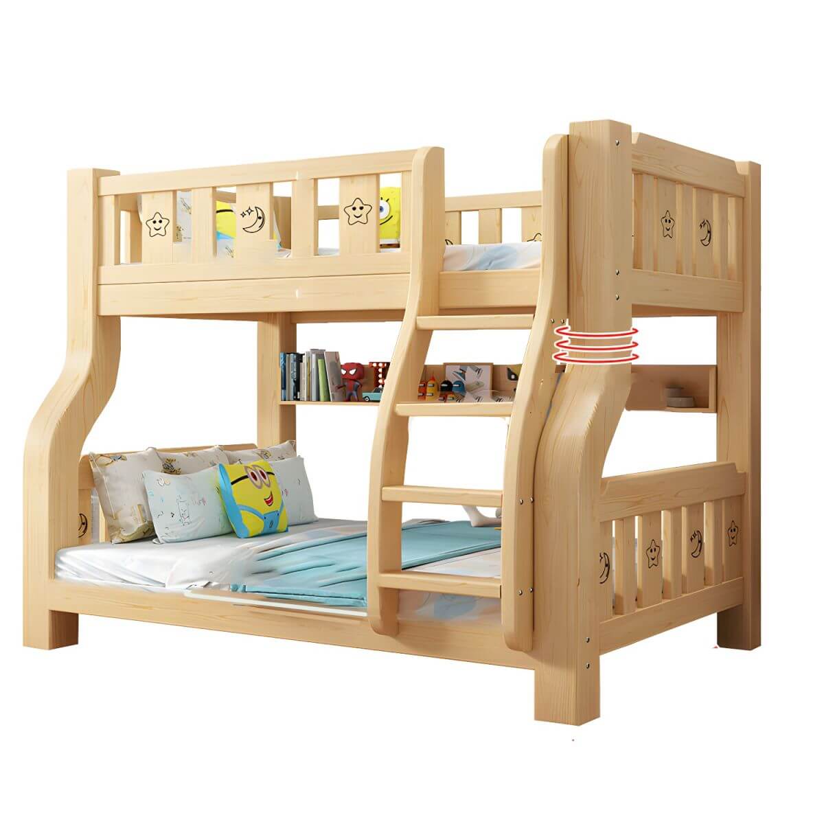 Scandinavian Pine Kids Bunk Bed with Bookcase, Ladder & Mattress Main image