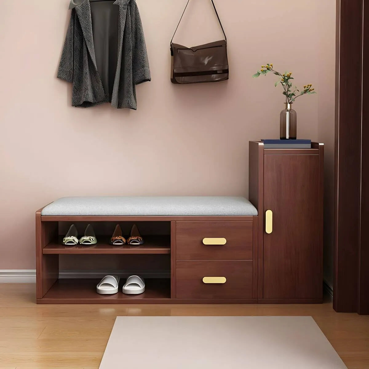 Scandinavian Shoe Storage Bench with Drawers and Adjustable Shelves