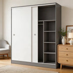 Scandinavian Sliding Door Wood Wardrobe With Shelves And Rod